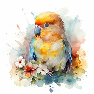 Lovable Baby Lovebird in a Colorful Flower Field for Art Prints and Greetings.