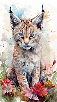 Lovable Baby Lynx in a Colorful Flower Field for Art Prints and Greeting Cards.