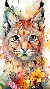 Lovable Baby Lynx in a Colorful Flower Field Ideal for Art Prints and Greeting Cards.