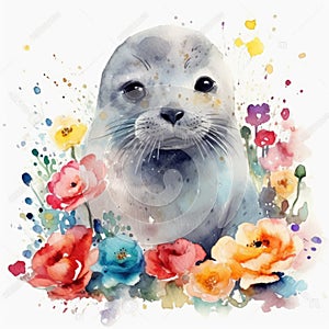 Lovable Baby Seal in a Colorful Flower Field Ideal for Art Prints and Greeting Cards.