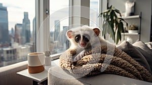 A lovable slow loris in a domestic setting, promoting conscientious pet and wildlife care