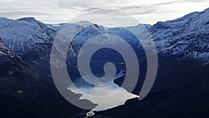 Lovatnet lake from mount Hoven in Loen in Vestland in Norway