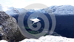 Lovatnet lake from mount Hoven in Loen in Vestland in Norway