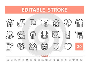 Love 20 line icons. Vector illustration in line style. Editable Stroke, 64x64, 256x256, Pixel Perfect.