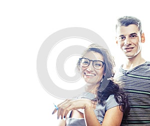 Love affair at work, young pretty couple, man and woman together isolated on white background, office clerk, secretary