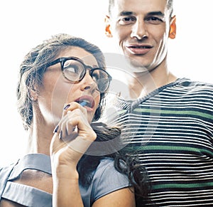 Love affair at work, young pretty couple, man and woman together isolated on white background, office clerk, secretary