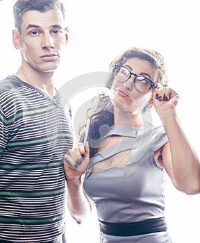 Love affair at work, young pretty couple, man and woman together isolated on white background, office clerk, secretary