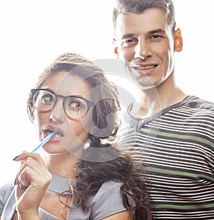 Love affair at work, young pretty couple, man and woman together isolated on white background, office clerk, secretary