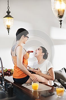 Love Affection Flirt For Lesbian Couple Eating Breakfast At Home