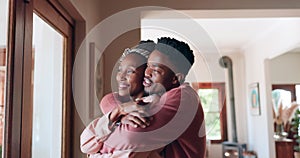 Love, affection and happy black couple hug for support, bond and care for wife, husband or marriage partner trust. Home