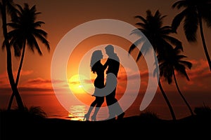 Love against sunset, Palm tree silhouettes frame couples romantic encounter