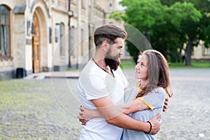 Love is in the air. Bearded man hugging adorable woman with love. Sensual couple in love on summer outdoor. Erotic love