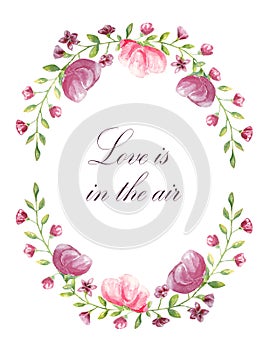 Love is in the air. Frame of three roses with blooming red flowers for an invitation or any lettering in the middle.