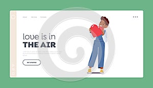 Love is in Air Landing Page Template. Little Boy Character Holding Big Red Heart in Hands. Concept of Love, Donation