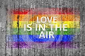 Love is IN THE AIR and LGBT flag painted on background texture gray concrete background