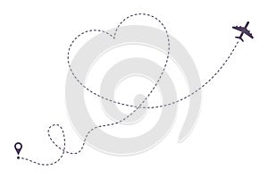 Love airplane dotted line path. Air plane route in heart form, hearted aircraft way. Vector