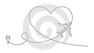 Love airplane route in one Continuous line drawing. Concept of Romantic vacation turism and travel. Hearted plane path