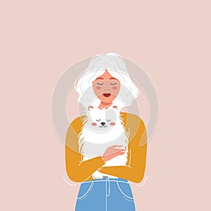 Love for animals and pets. Cute girl holding her white fluffy dog. Vector cartoon illustration with a woman and a spitz