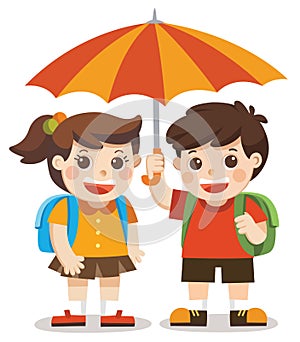 Love Autumn. Happy boy and girl with umbrella.