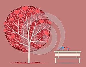 Love autumn tree with couple in-love birds