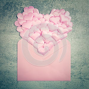 Love background - gentle pink hearts and envelope, valentines d