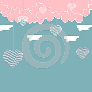 Love background. hand drawn vector. pink and white clouds with hanging heart illustration on blue background. doodle art for wallp