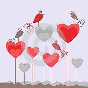 Love background with hearts and cute birds.