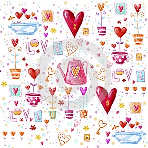 Love background made of red hearts, flowers.Seamless pattern can be used for wallpaper, pattern fills, web page background