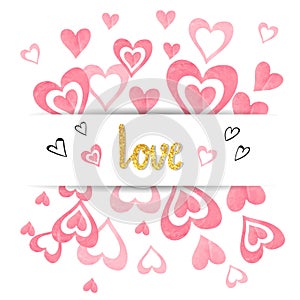 Love background with pink watercolor hearts.