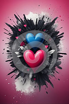 Love background with red and blue hearts on black background