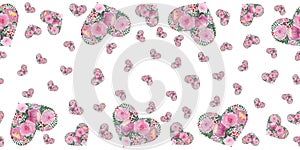 Love background with watercolor floral hearts design, horizontal seamless pattern with hearts, mothers day or valentines day backg