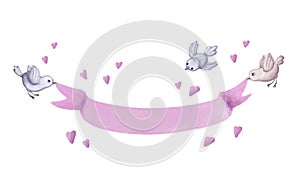 love banner with hearts and birds, romantic background, watercolor style valentines illustration