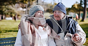 Love, bench and a senior couple in the park together for retirement, romance or bonding in summer. Wellness, talking or