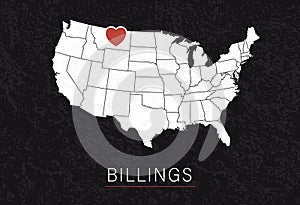 Love Billings Picture. Map of United States with Heart as City Point. Vector Stock Illustration photo
