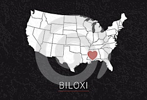 Love Biloxi Picture. Map of United States with Heart as City Point. Vector Stock Illustration