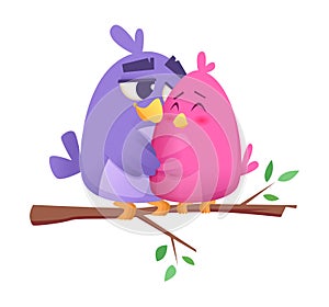 Love bird couples. Male and female animals cute birds sitting on branch st valentine vector concept background