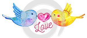 Love birds couple flying with heart and title