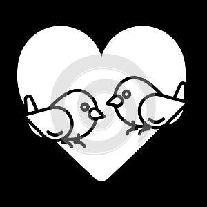 Love birds with heart icon vector, flat sign, solid pictogram isolated on black. Valentine`s Day lover bird symbol, logo