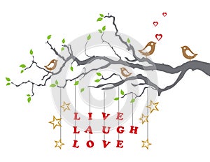 Love birds on a tree branch with live laugh love