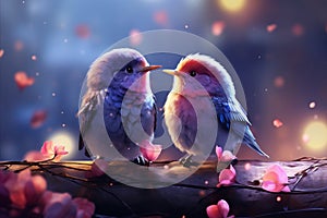 Love Birds. Whimsical Illustration of Adorable Feathered Couple Embraced by Blossoms
