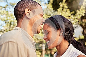 Love, black couple and being happy, smile and together bonding for relationship, marriage and outdoor. Romance, man and