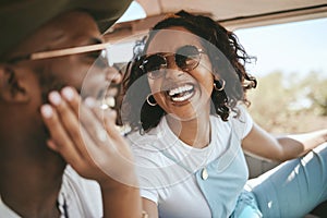 Love, black couple and road trip driver, vacation or summer holiday. Happy, smile and man, woman and travel in car