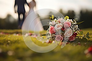 Love in bloom Wedding bouquet on grass, married couple in background