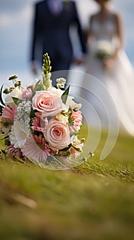 Love in bloom Wedding bouquet on grass, married couple in background