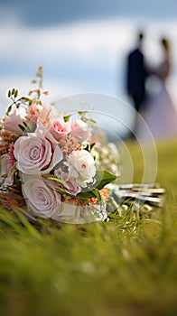 Love in bloom Wedding bouquet on grass, married couple in background