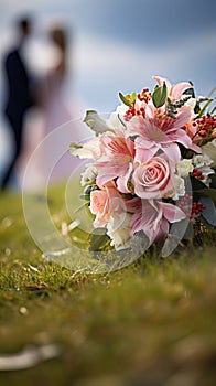 Love in bloom Wedding bouquet on grass, married couple in background