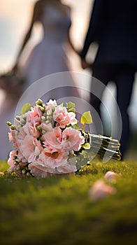 Love in bloom Wedding bouquet on grass, married couple in background