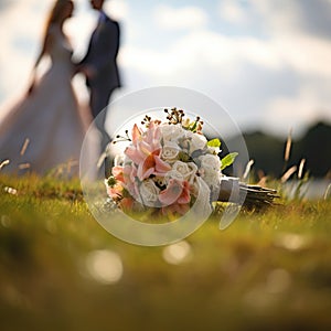 Love in bloom Wedding bouquet on grass, married couple in background