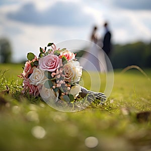 Love in bloom Wedding bouquet on grass, married couple in background