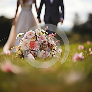 Love in bloom Wedding bouquet on grass, married couple in background